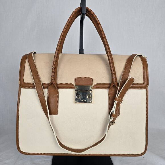 Dkny Handbags - DKNY Leather Laptop Travel Business Bag Cream Beige Double Handles & CB Strap